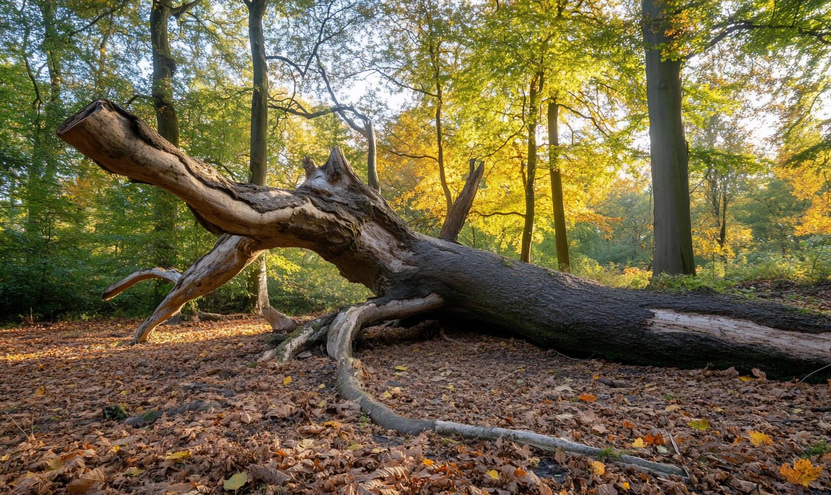 A fallen tree in the woods with leaves on the ground photo