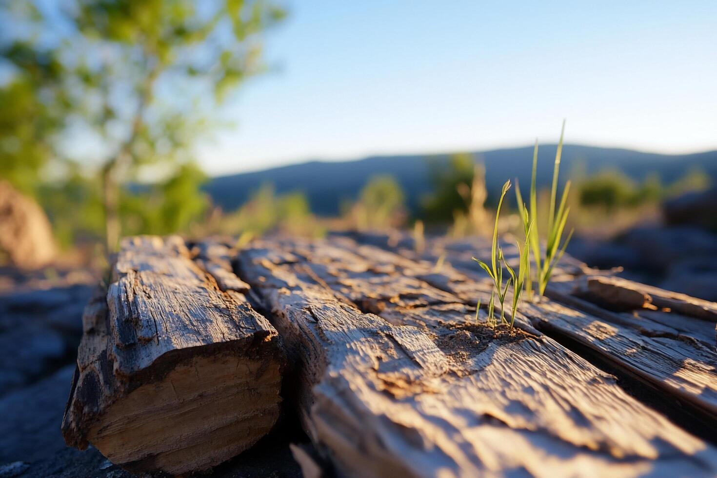 A close up of a log with grass growing on it photo