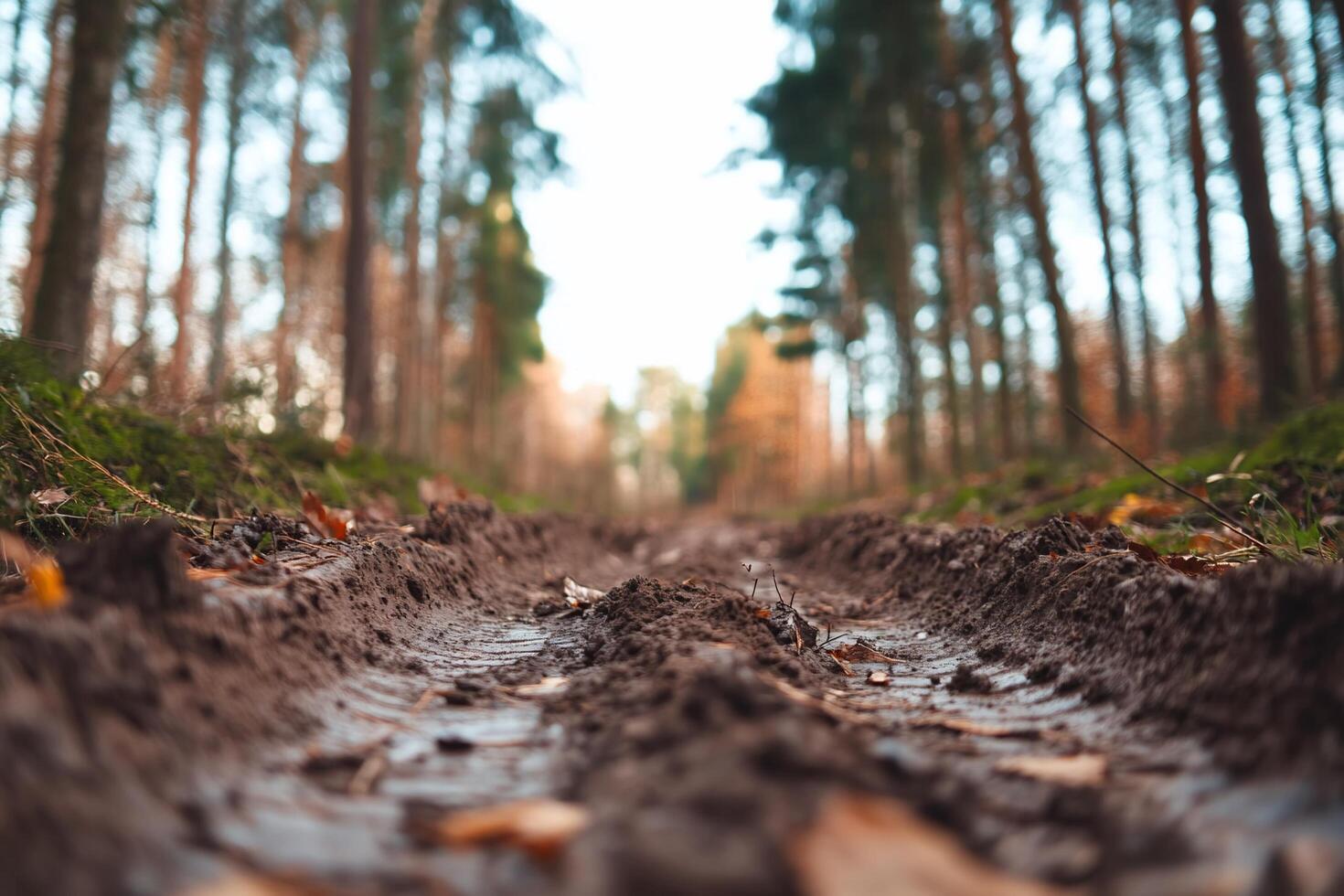 A muddy road in the woods photo