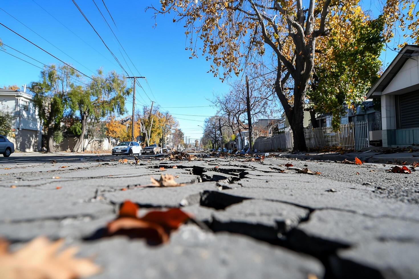 A street with a crack in it and leaves on it photo