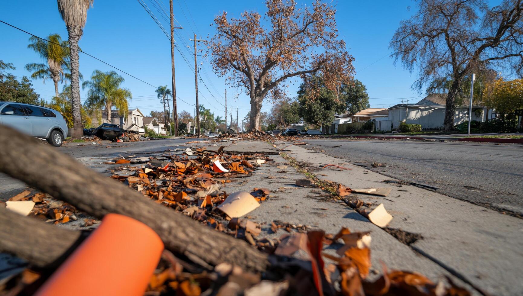 A street with leaves and debris on the sidewalk photo