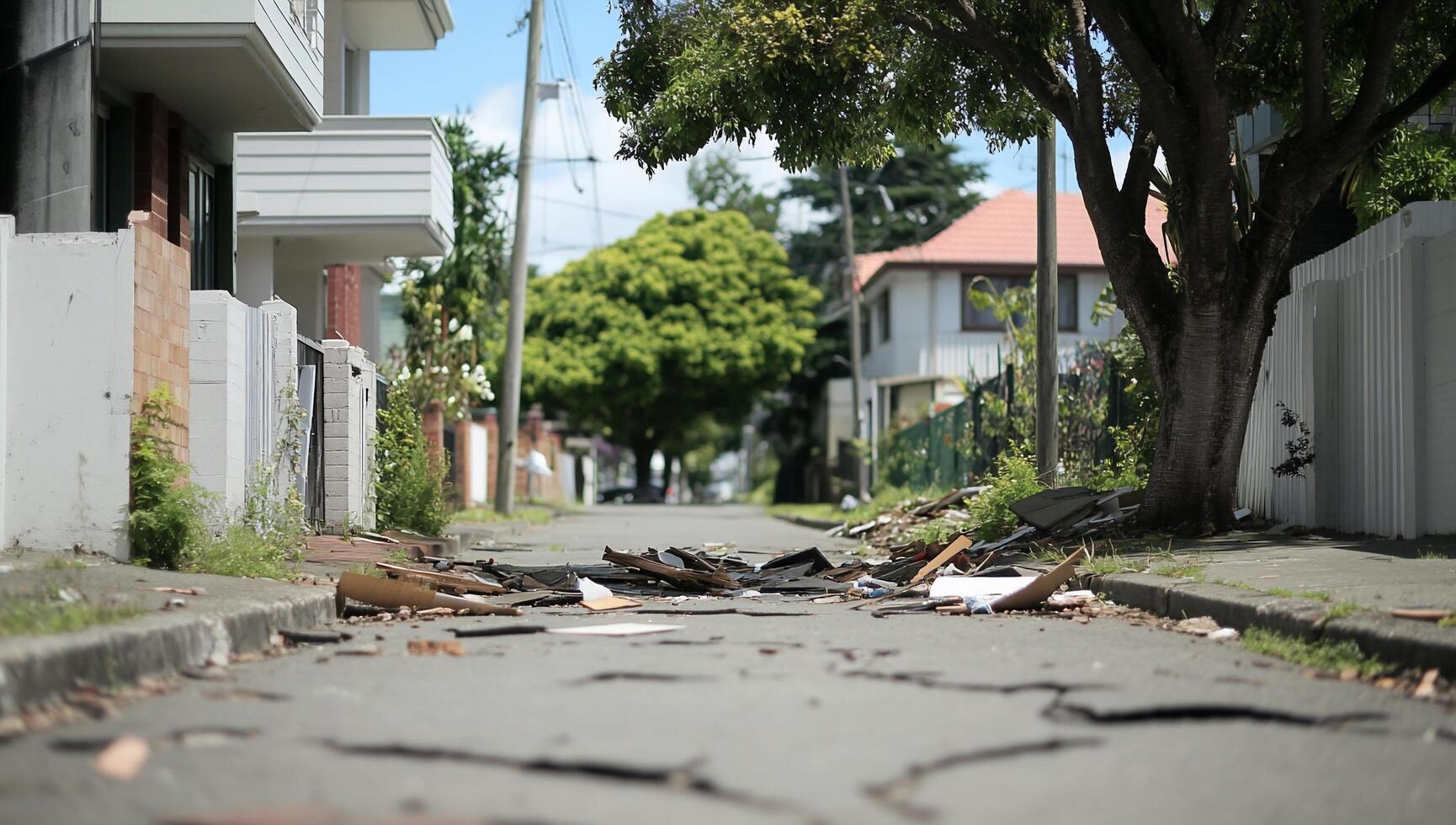 A street with debris on the ground and a tree photo