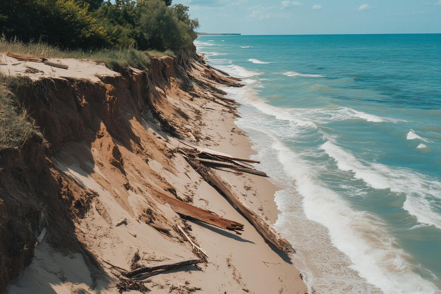 A beach with a cliff on the shore photo