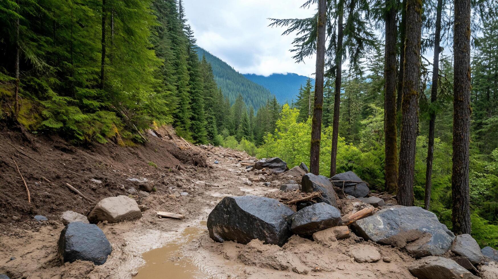 A muddy road in the woods with rocks and trees photo