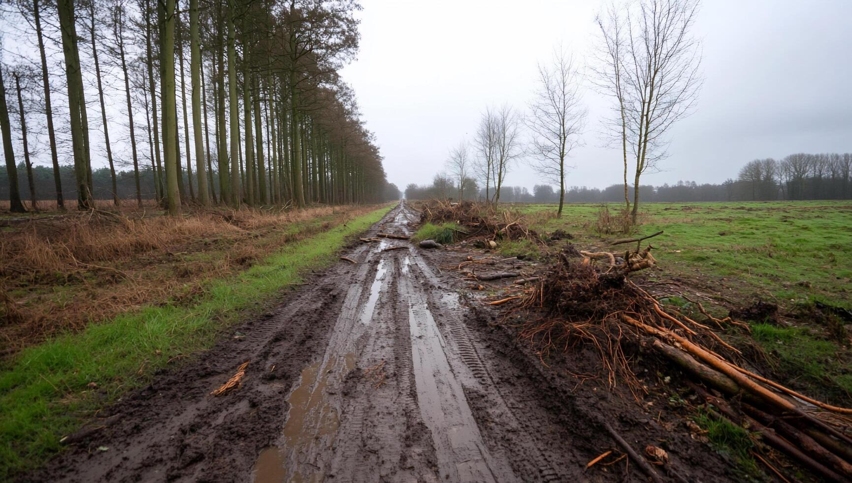 A muddy road lined with trees and uprooted vegetation in a misty landscape. photo