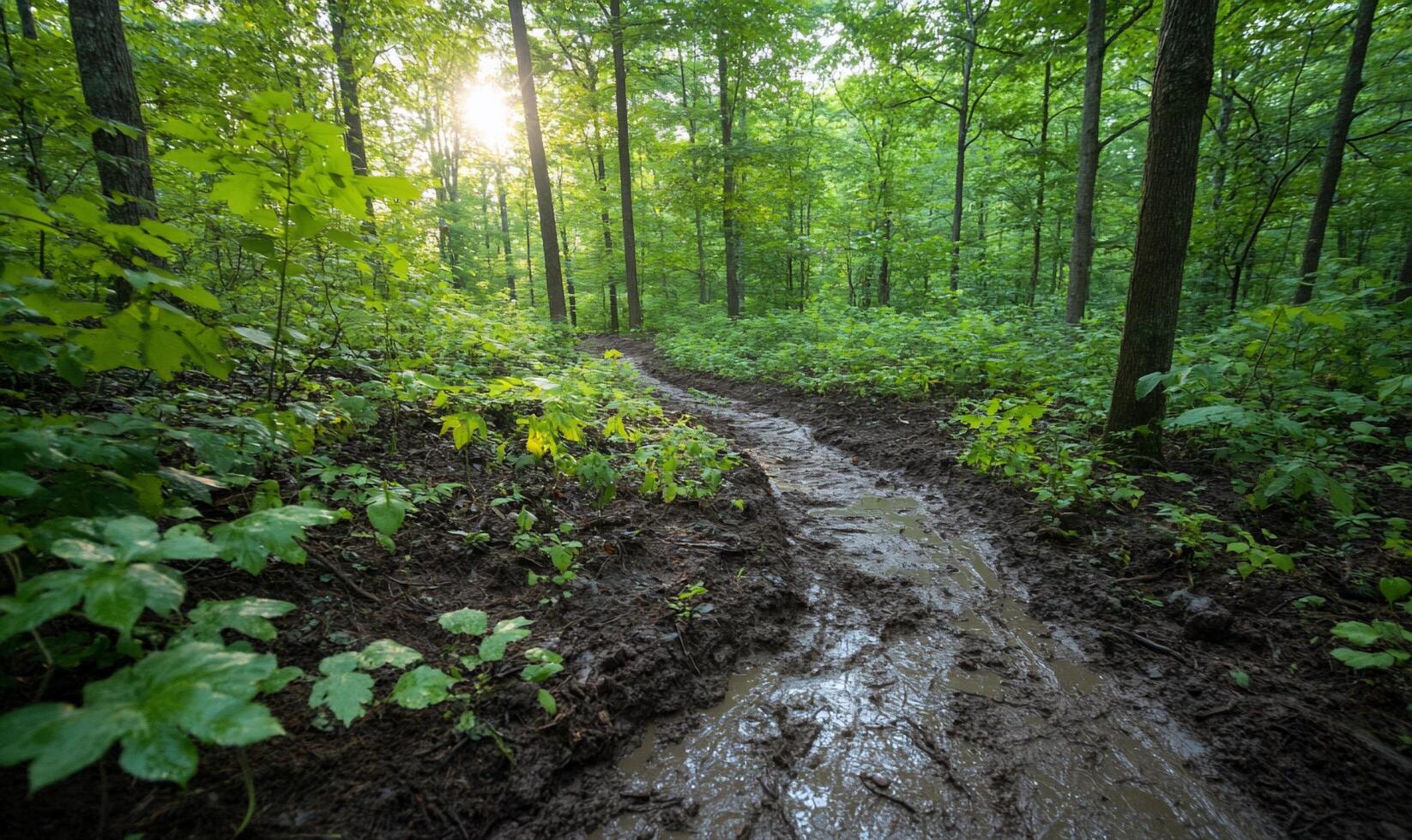 A winding muddy path through a lush green forest at sunrise. photo