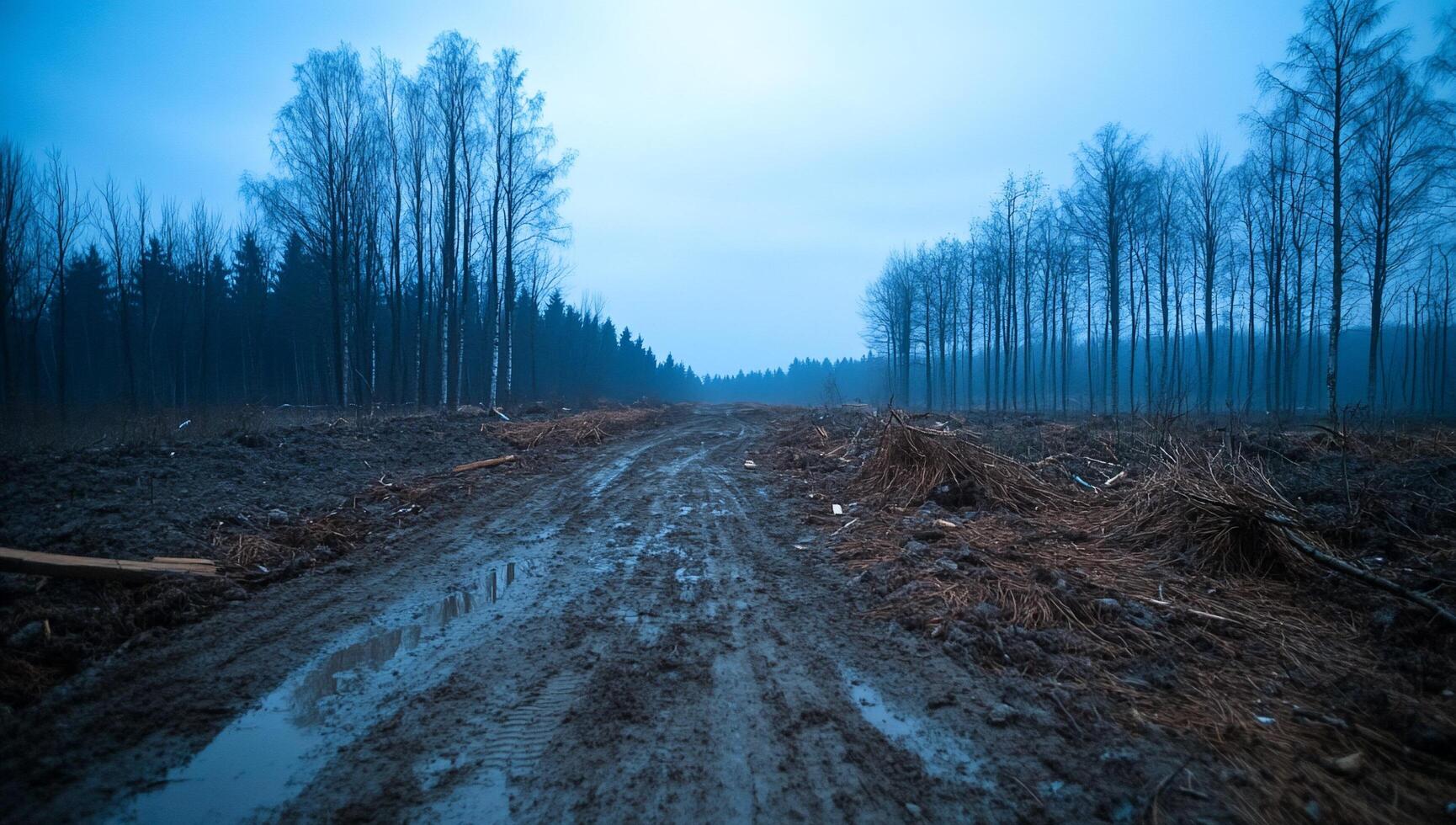 A muddy path through a deforested area under a gloomy sky. photo