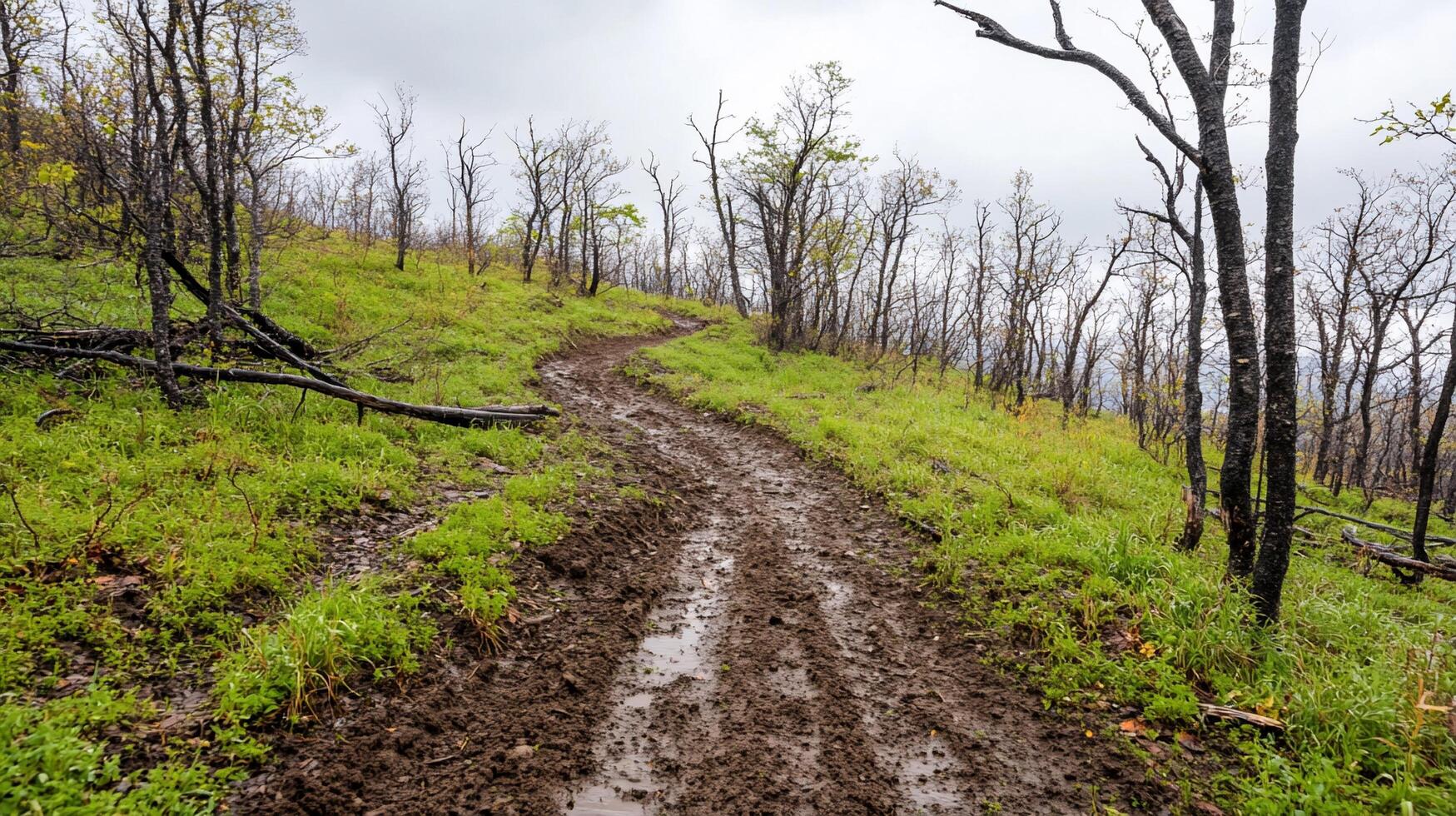 A muddy trail winding through a recovering forest landscape. photo