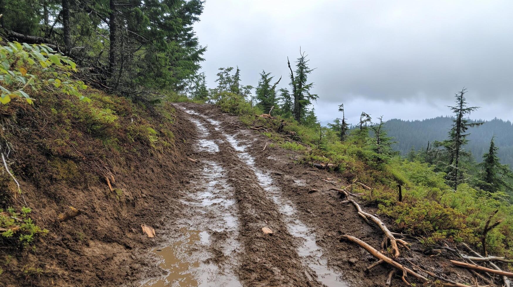 Muddy trail winding through a forested area on a cloudy day. photo