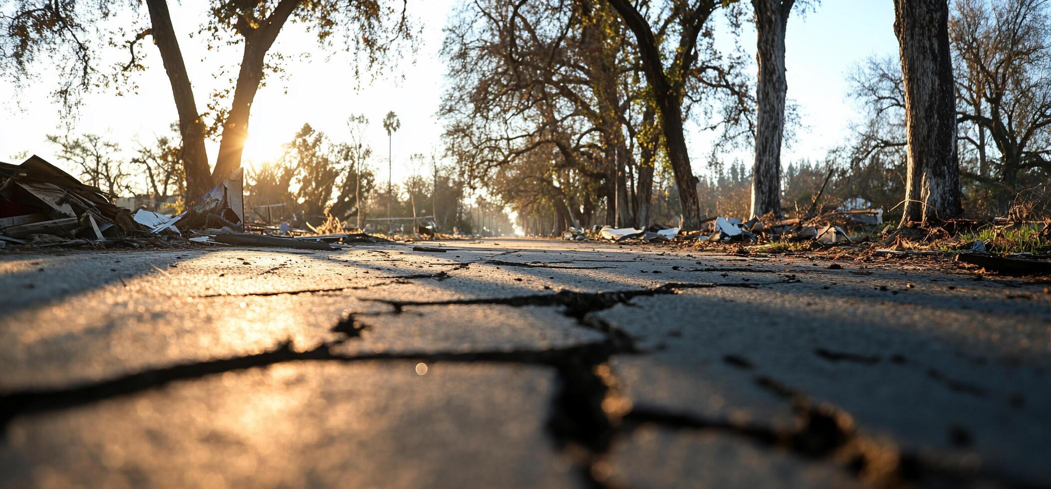 A cracked road lined with trees, illuminated by a setting sun. photo