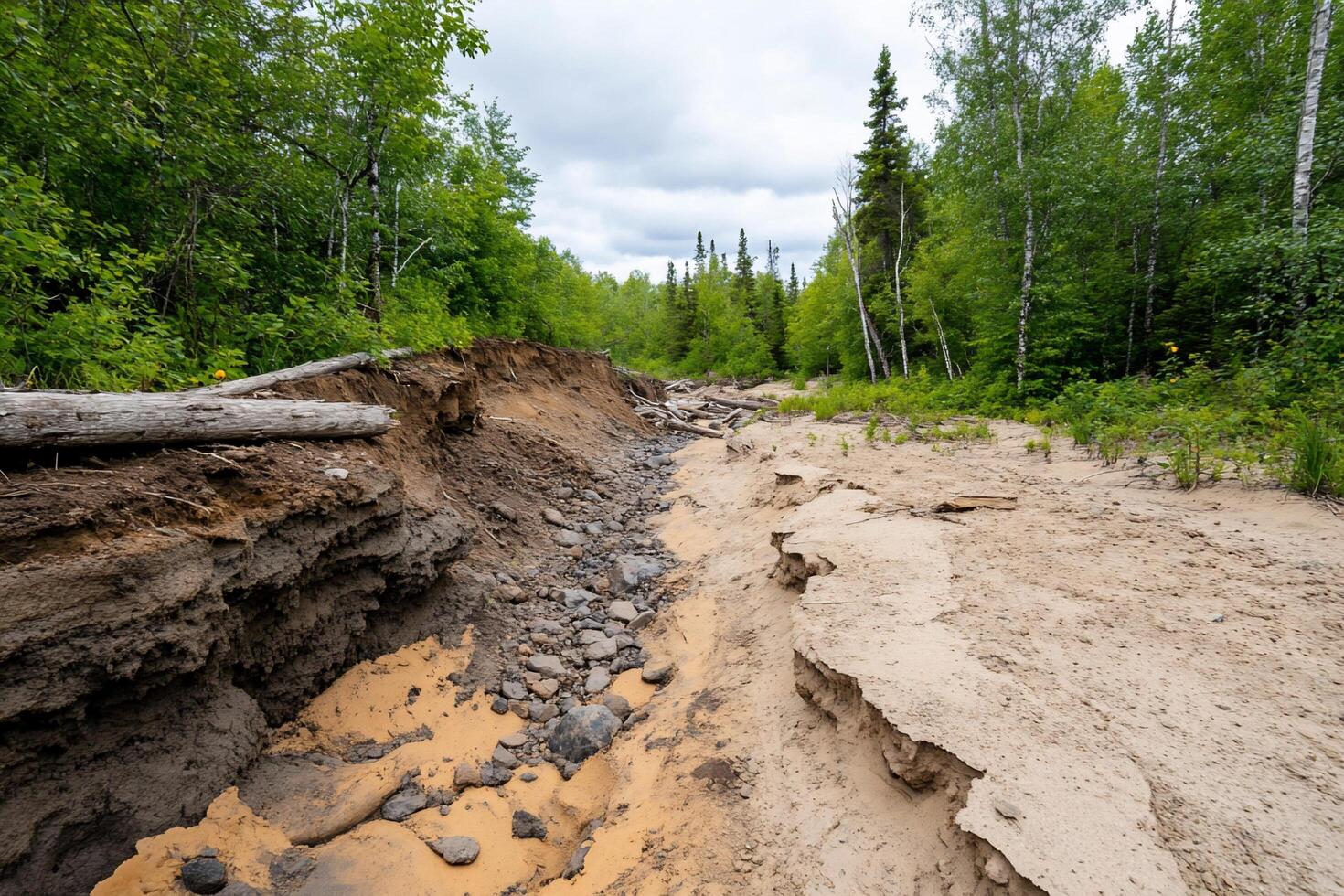 A riverbed erosion scene surrounded by lush green trees. photo