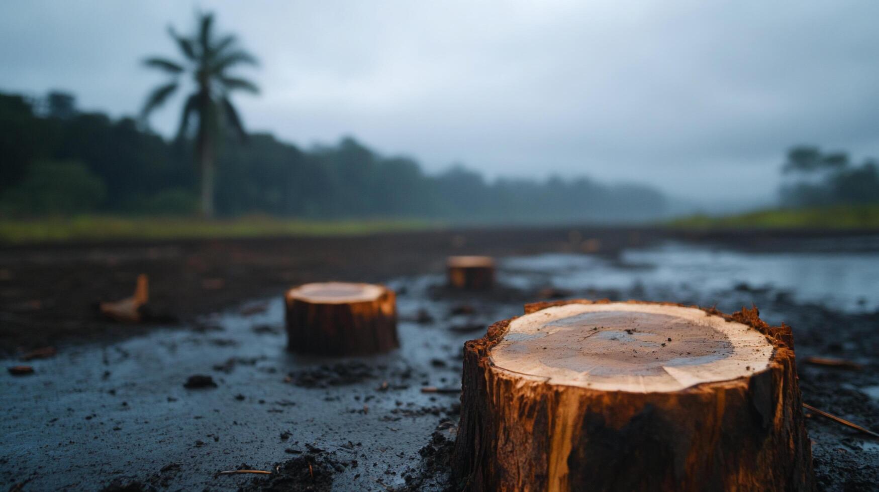 Logs cut from trees in a misty landscape, highlighting deforestation issues. photo