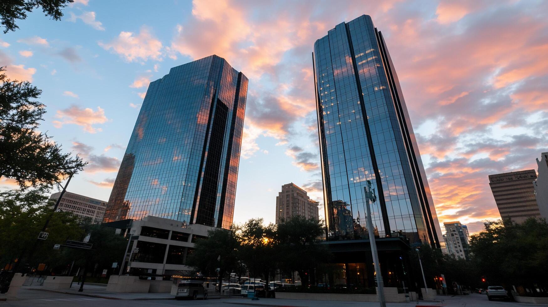 Modern skyscrapers reflecting a colorful sunset in an urban setting. photo