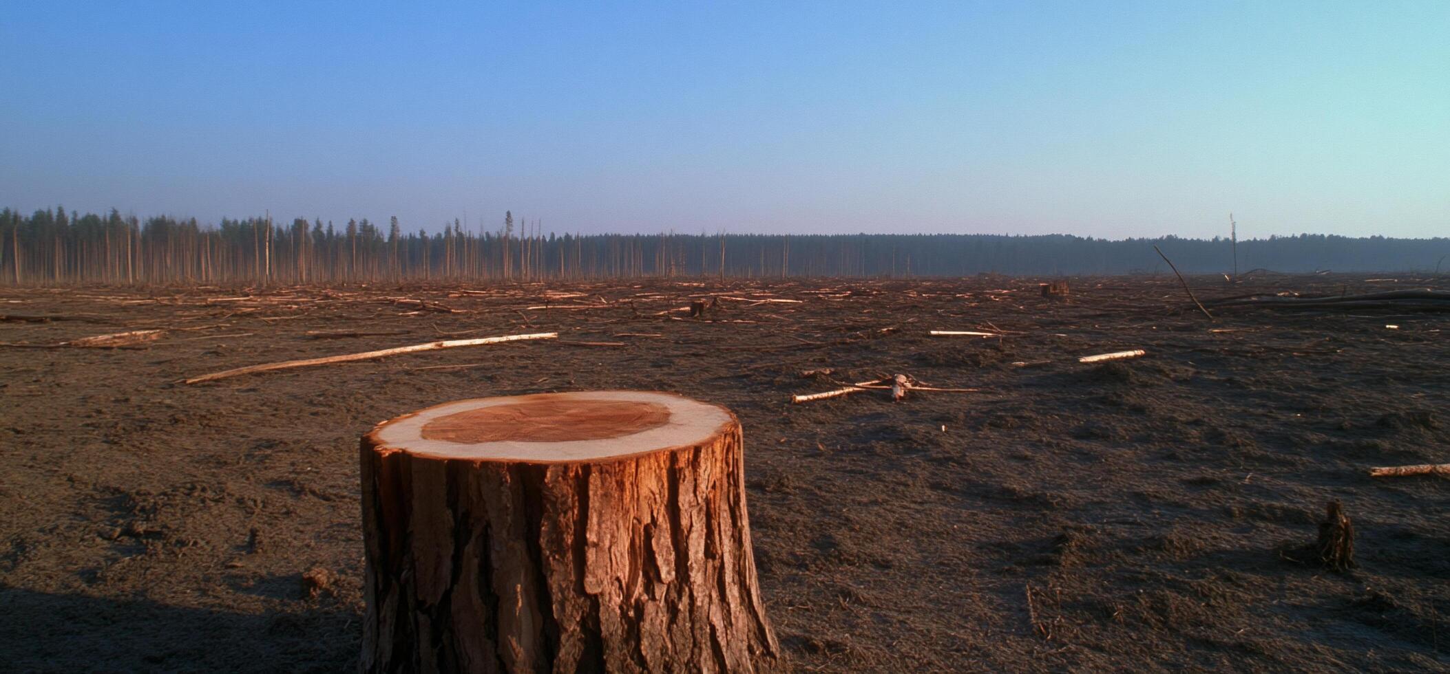 A barren landscape with a tree stump, indicating deforestation. photo