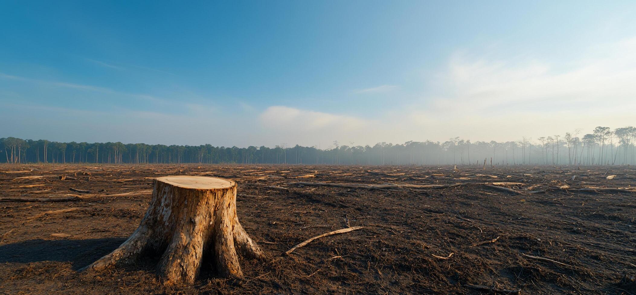 A deforested landscape with a tree stump and hazy background. photo