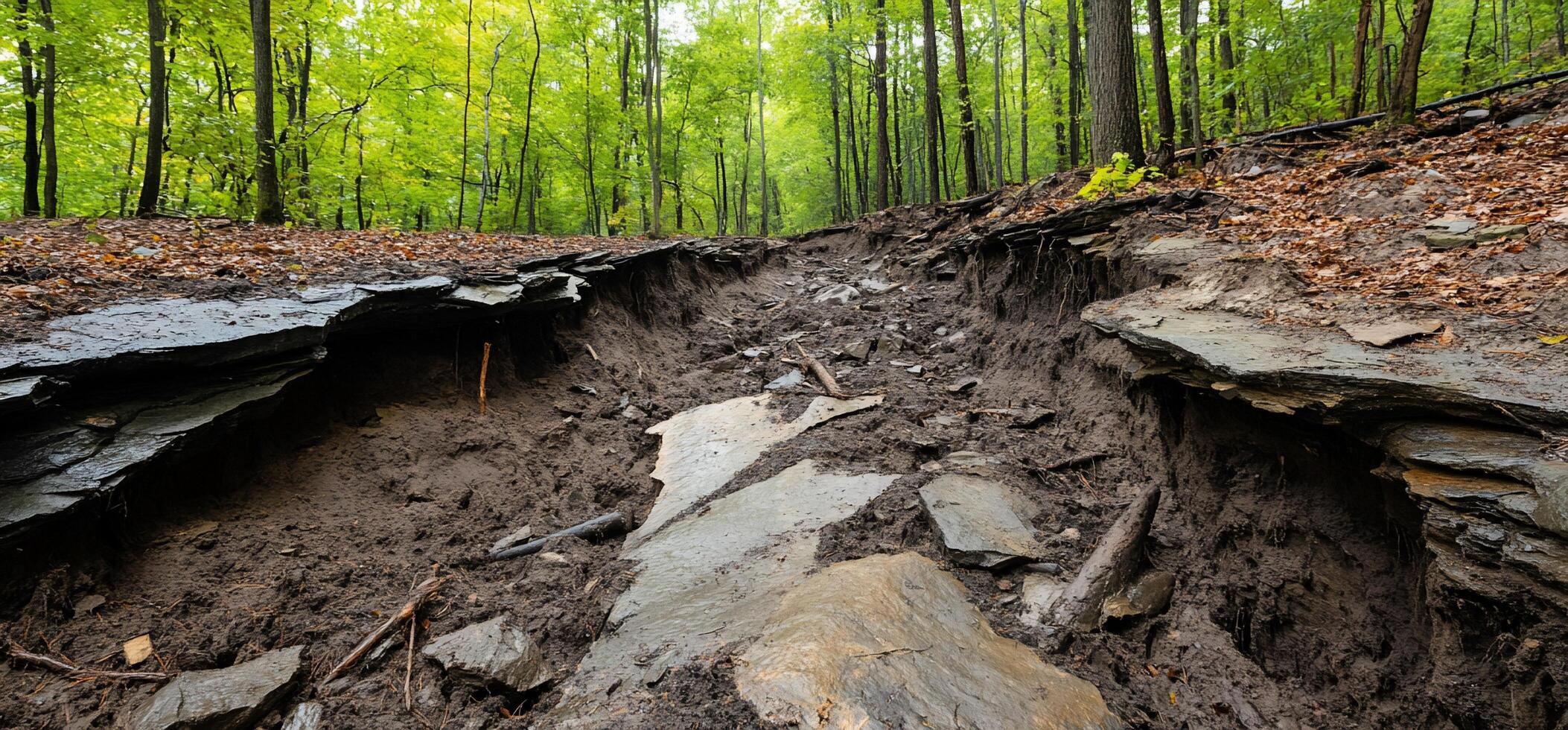 A forested area with a deep, eroded pathway and rocky terrain. photo