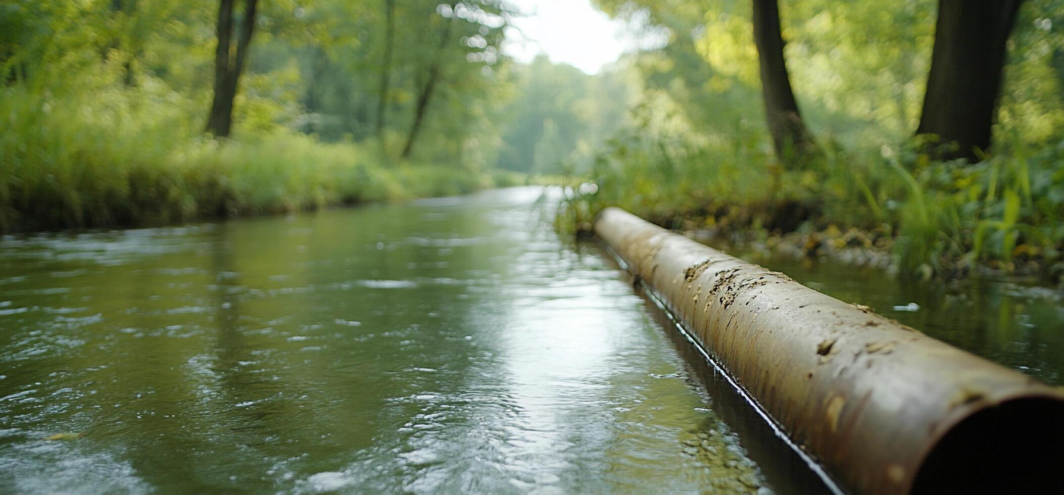 A rusty pipe extends into a serene, reflective waterway surrounded by trees. photo