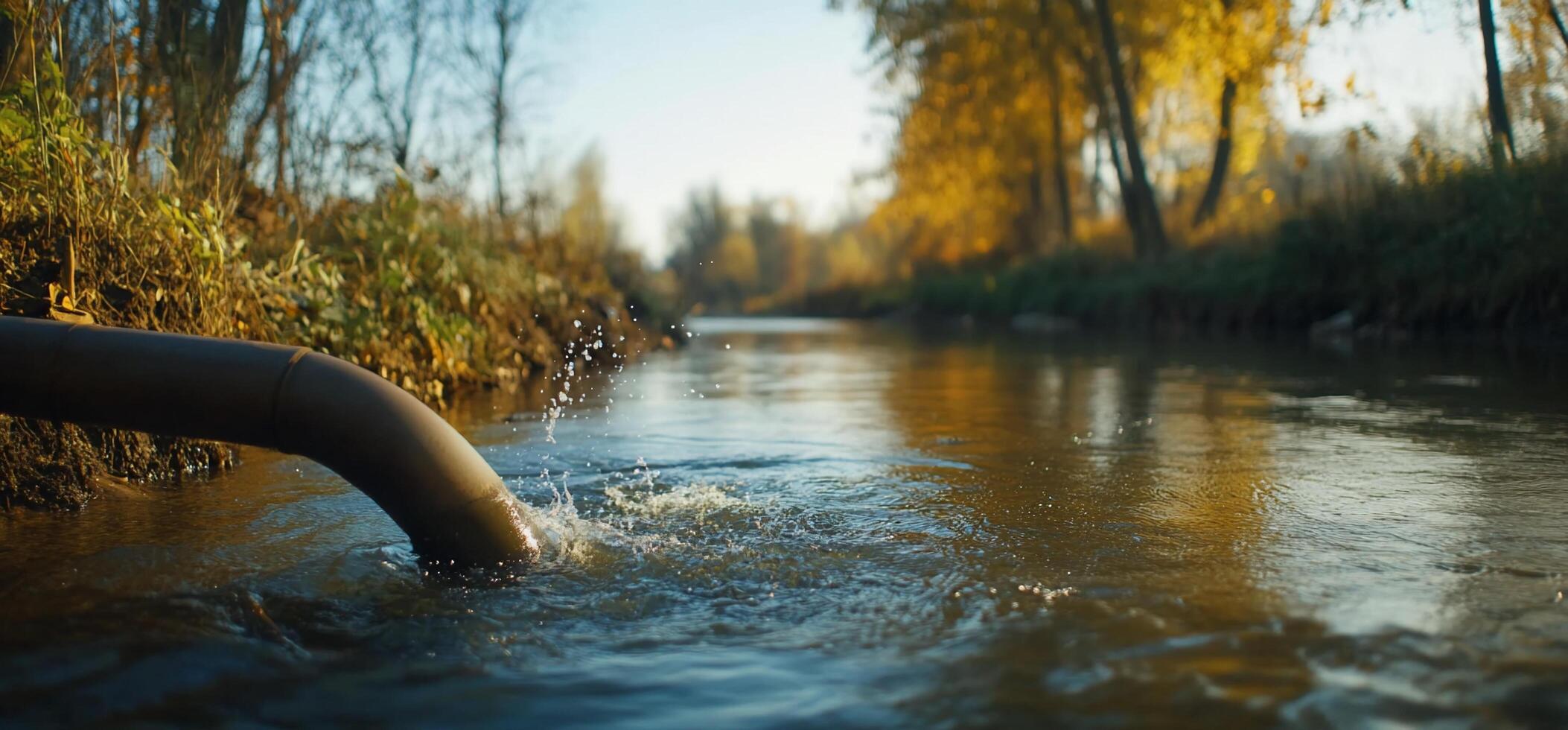 A tranquil stream with a pipe discharging water amidst autumn foliage. photo
