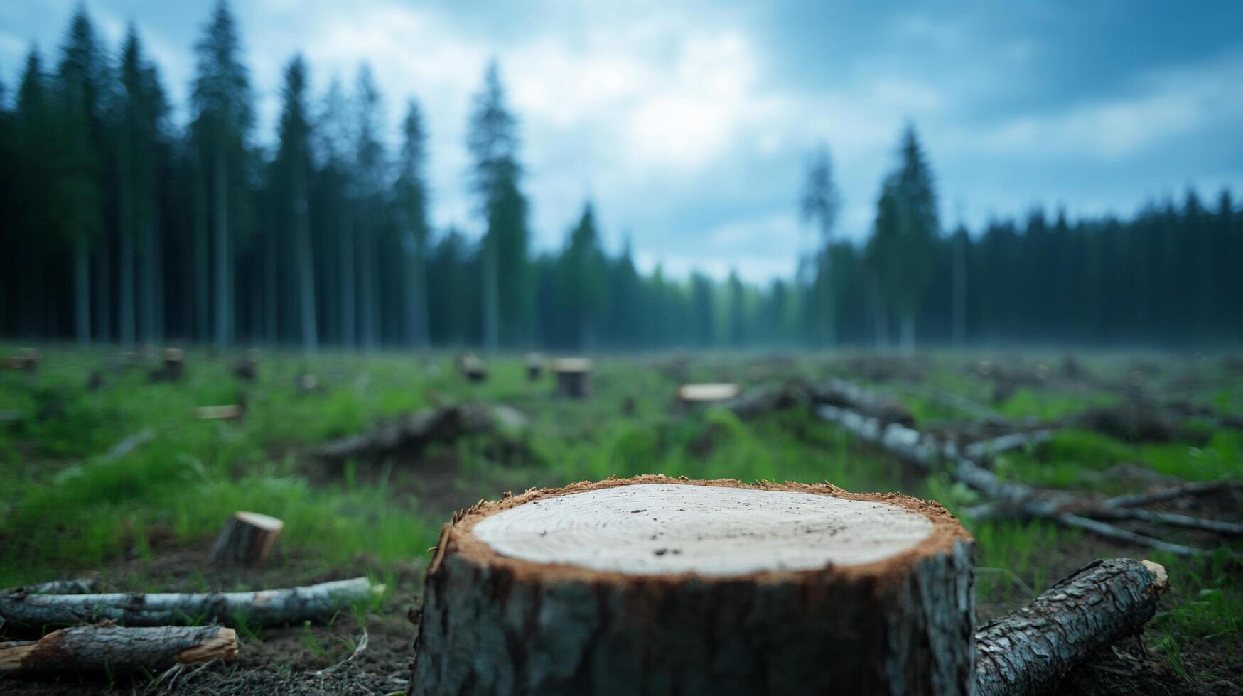 A forest clearing with cut tree stumps under a moody sky. photo