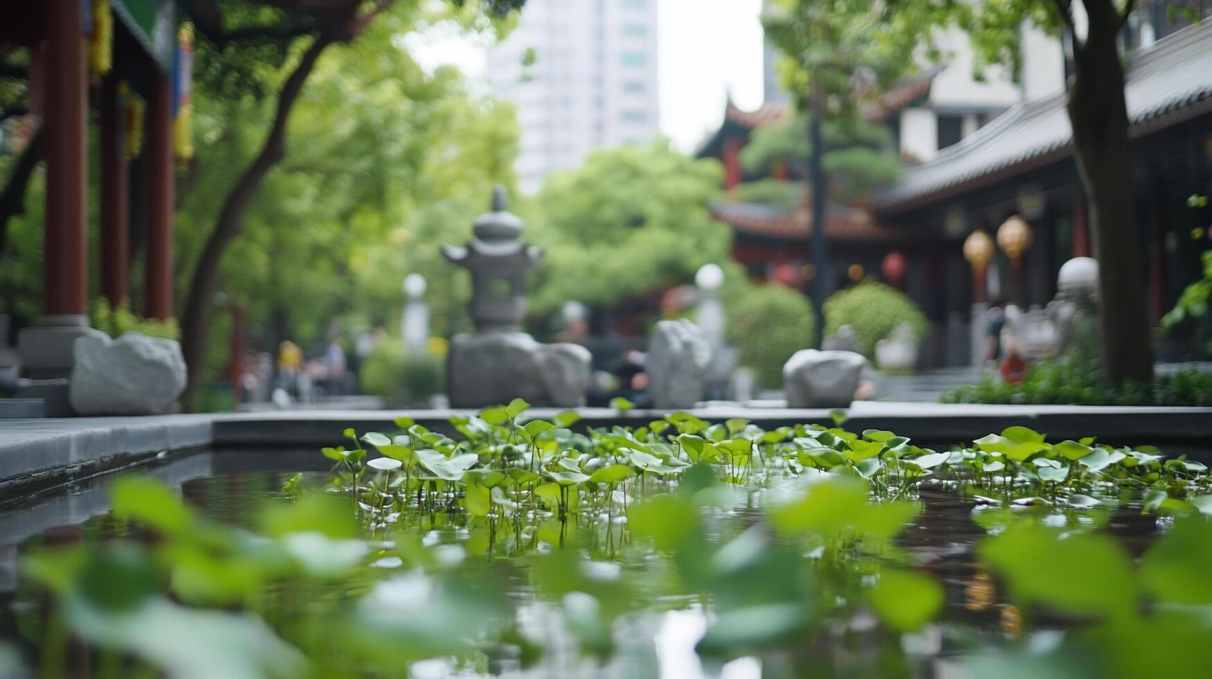 Tranquil garden scene with lotus plants and traditional architecture. photo