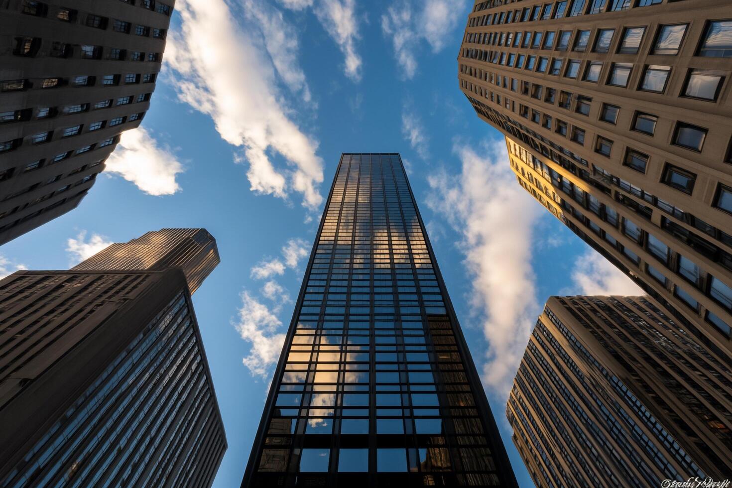 A low-angle view of skyscrapers against a blue sky with clouds. photo