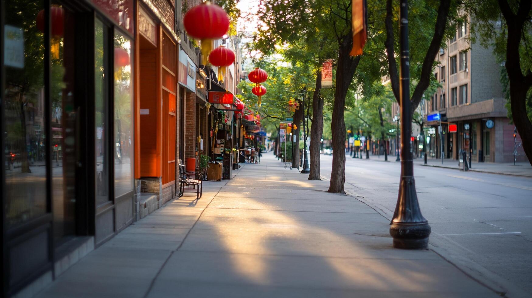 A quiet street lined with shops and lanterns during golden hour. photo