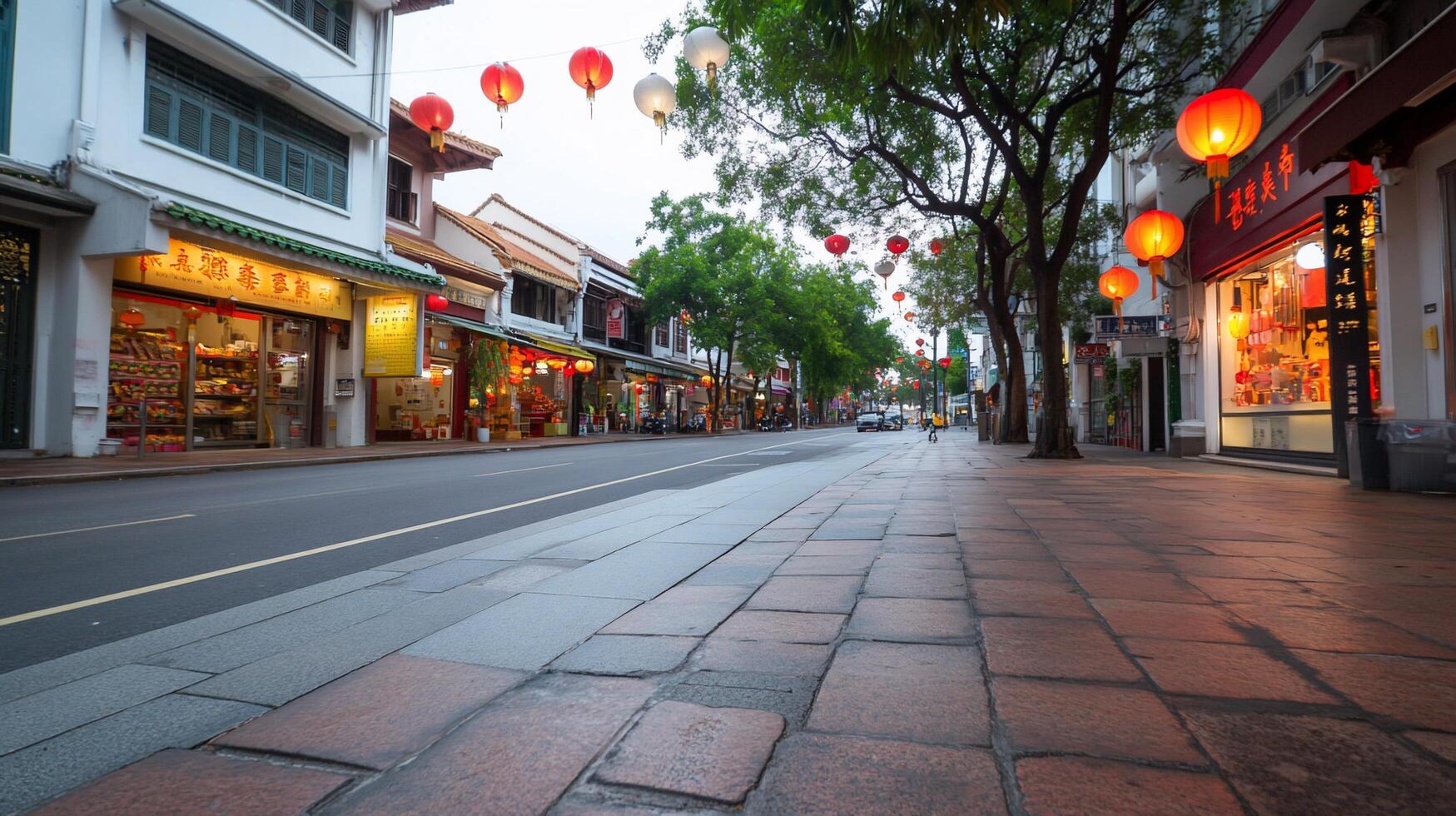 A quiet street adorned with lanterns, showcasing a cultural atmosphere. photo