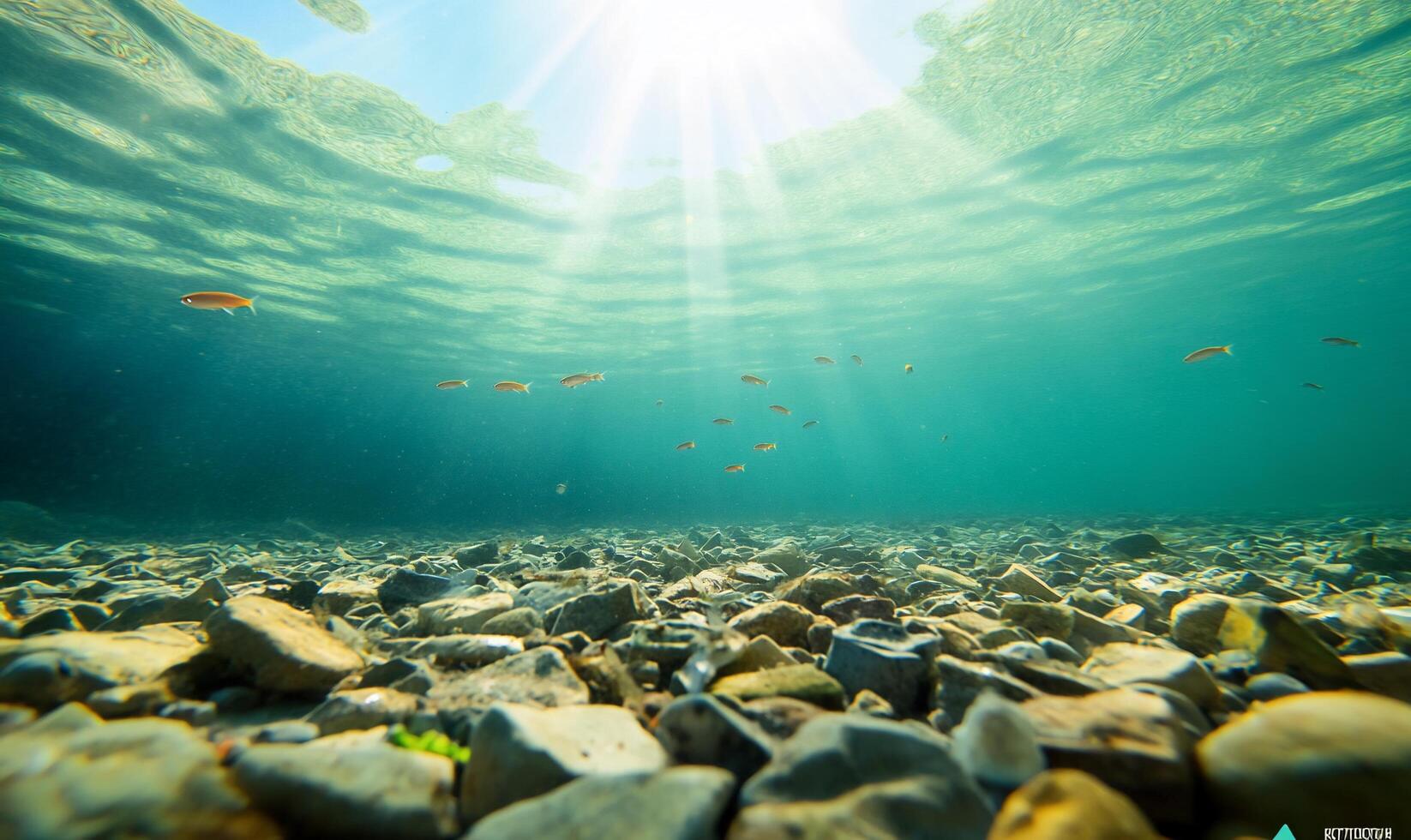 Underwater scene showcasing fish and rocky substrate illuminated by sunlight. photo