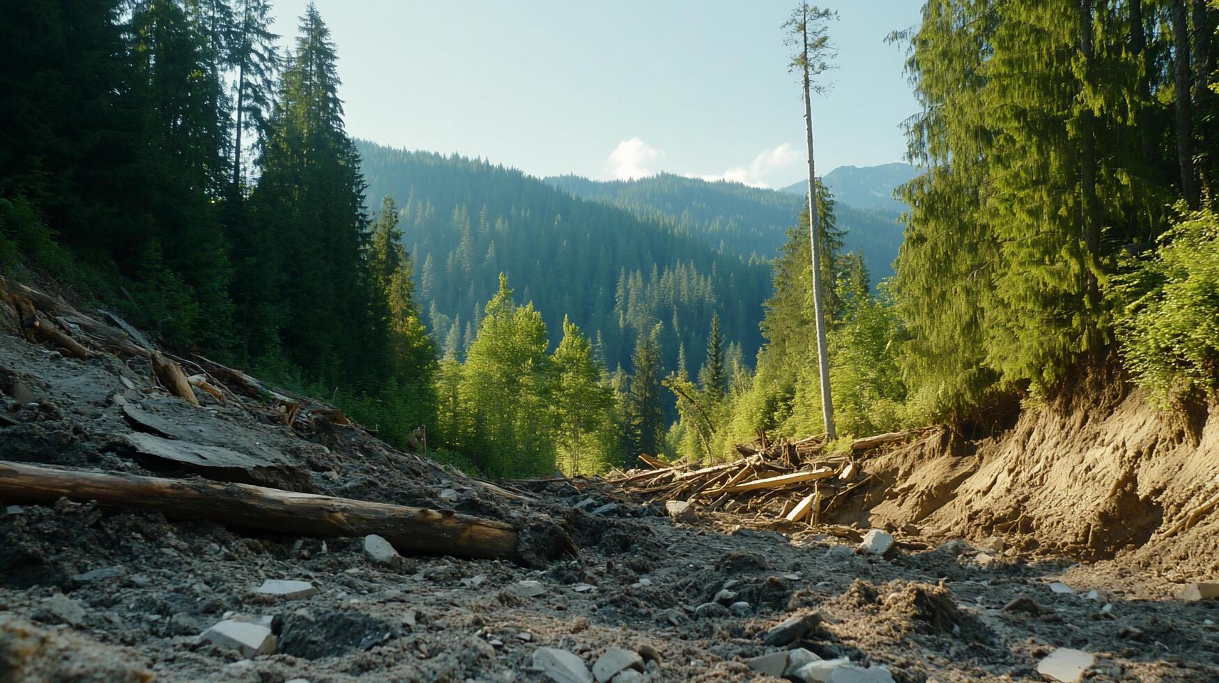A serene forest landscape with a visible clearing and distant mountains. photo