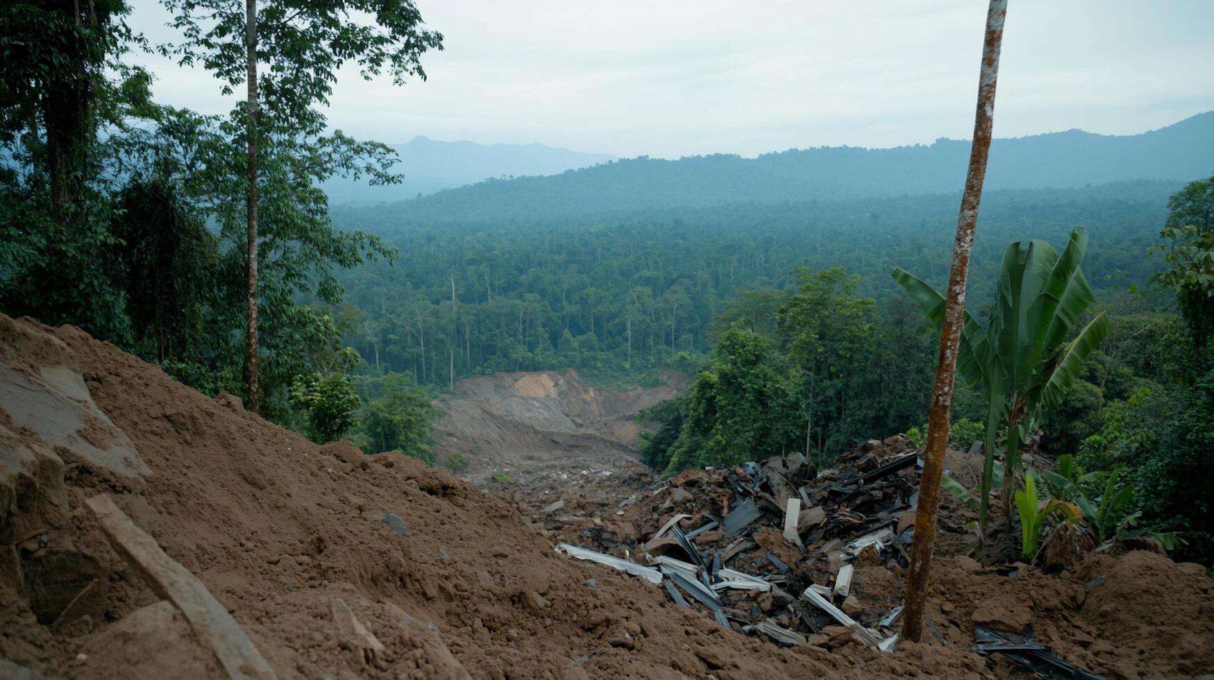 Deforested area showing land disruption in a tropical rainforest. photo