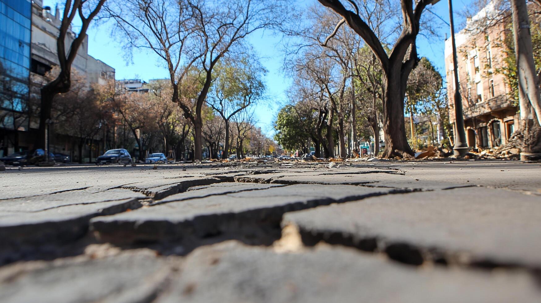 A low-angle view of a cracked street lined with trees in a city. photo