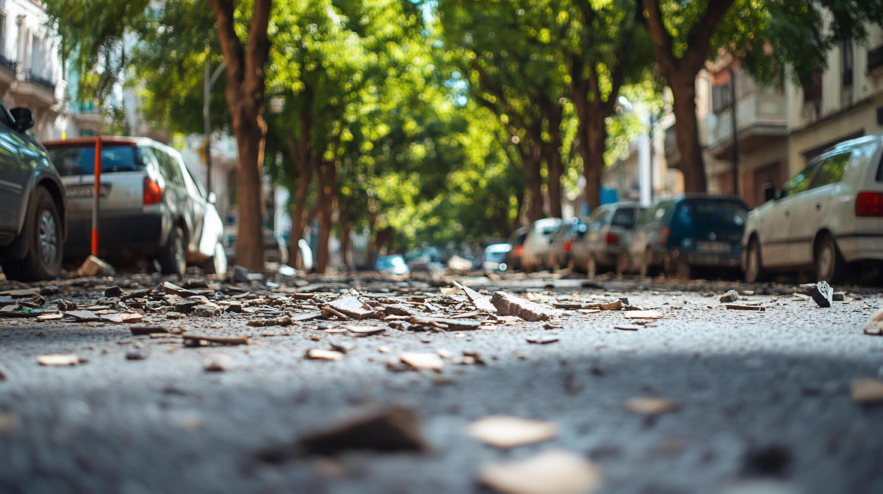A street scene with trees, parked cars, and debris on the ground. photo