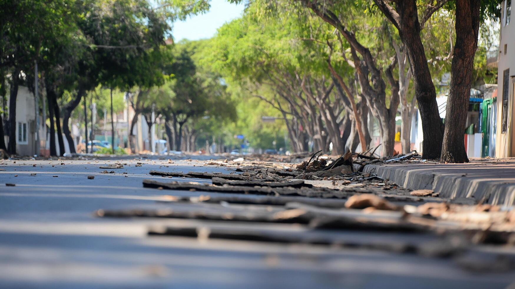 A deserted street lined with fallen branches and trees. photo