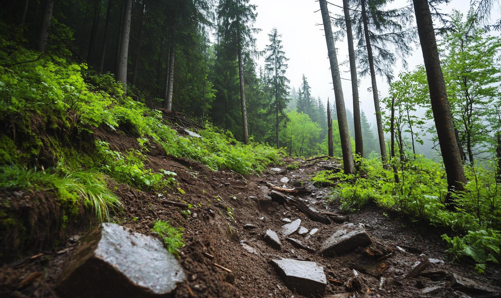 A trail in the forest with rocks and trees photo