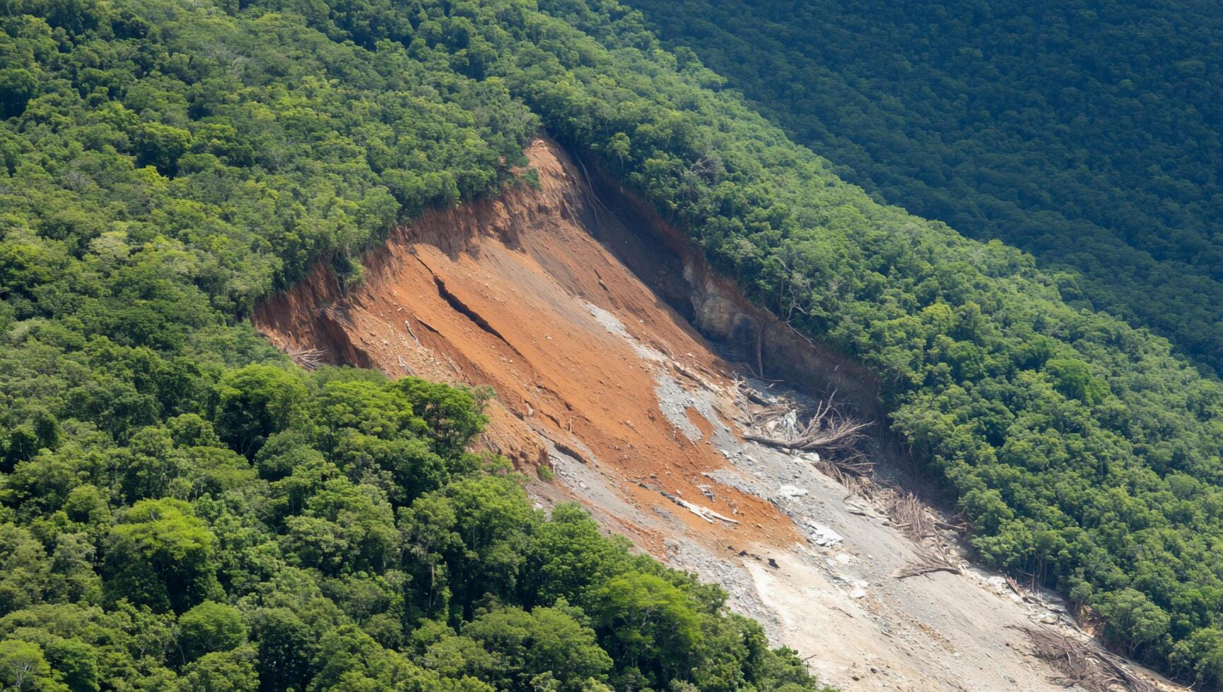 A plane flying over a forested area with a large cliff photo