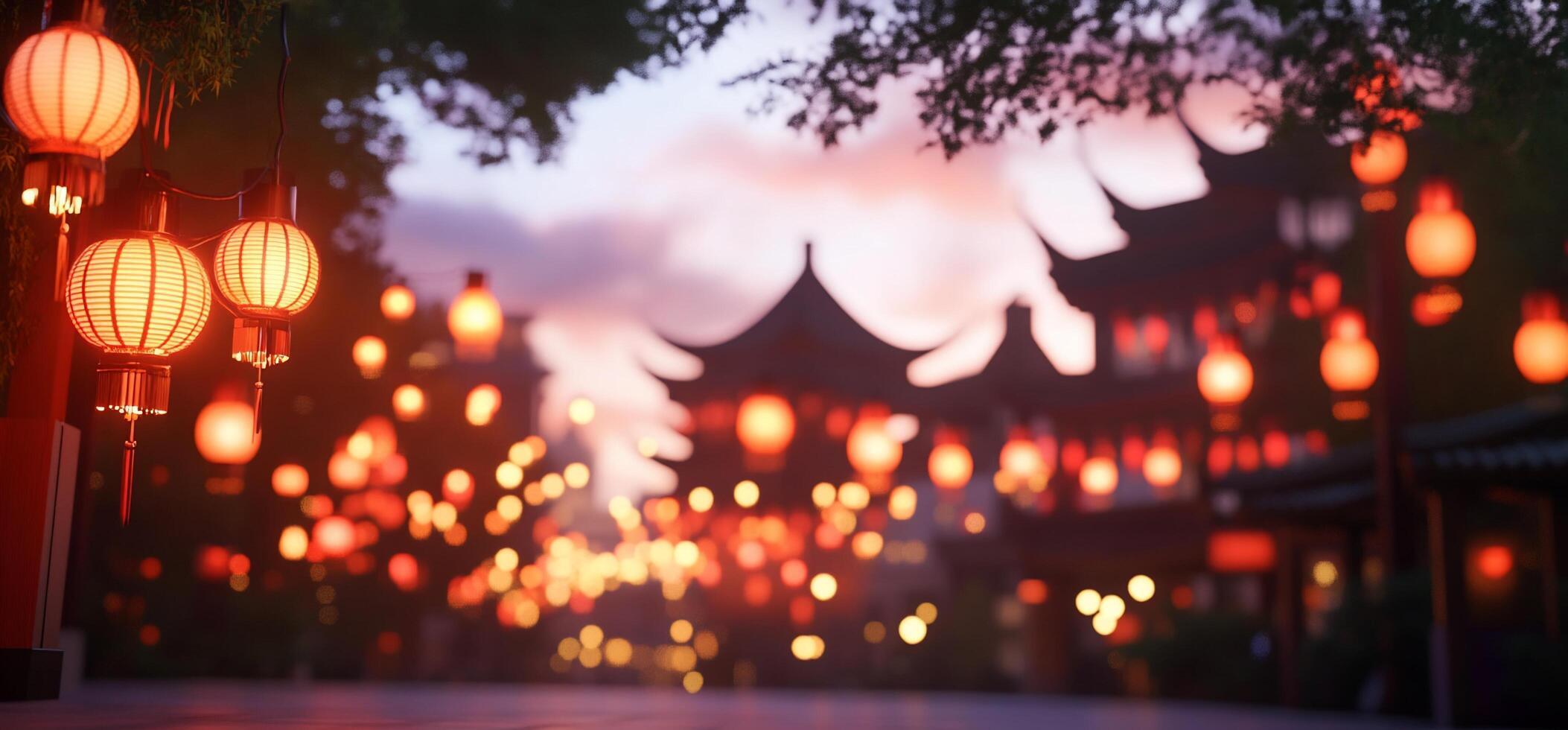 Chinese lanterns on a street at dusk photo