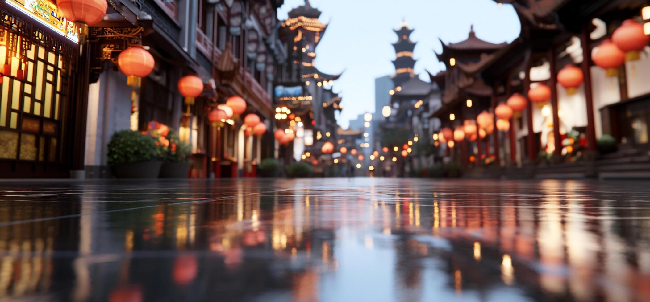 A street with lanterns and buildings in the background photo