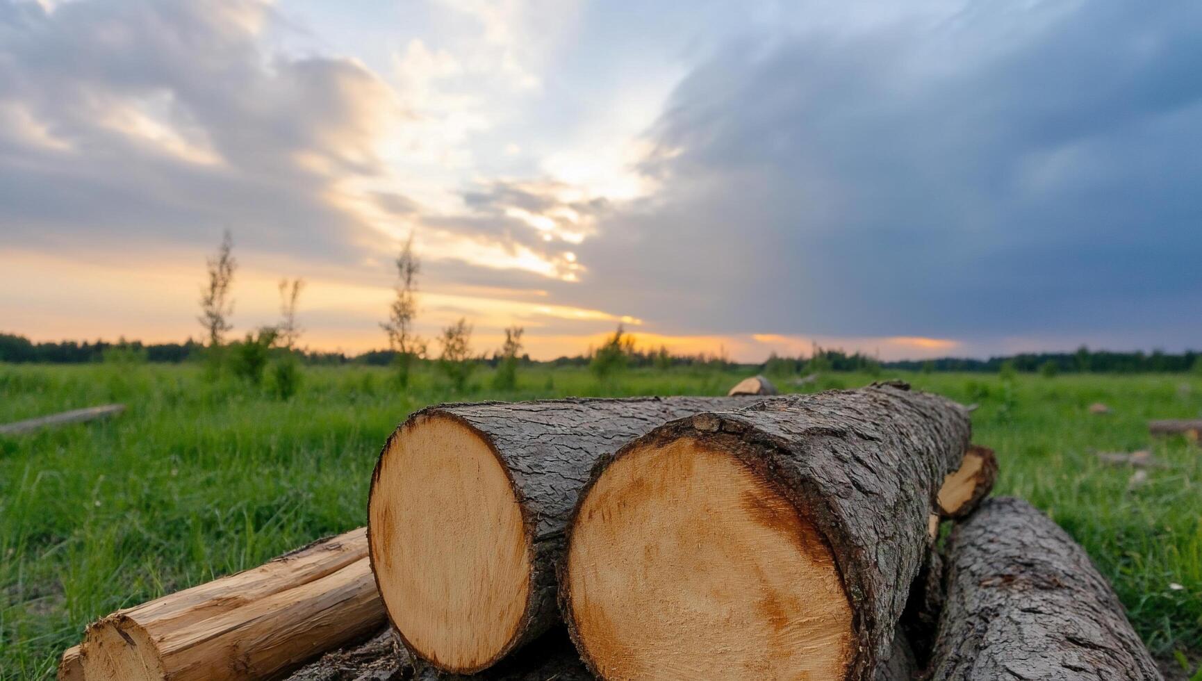 Logs in a field with a sunset in the background photo