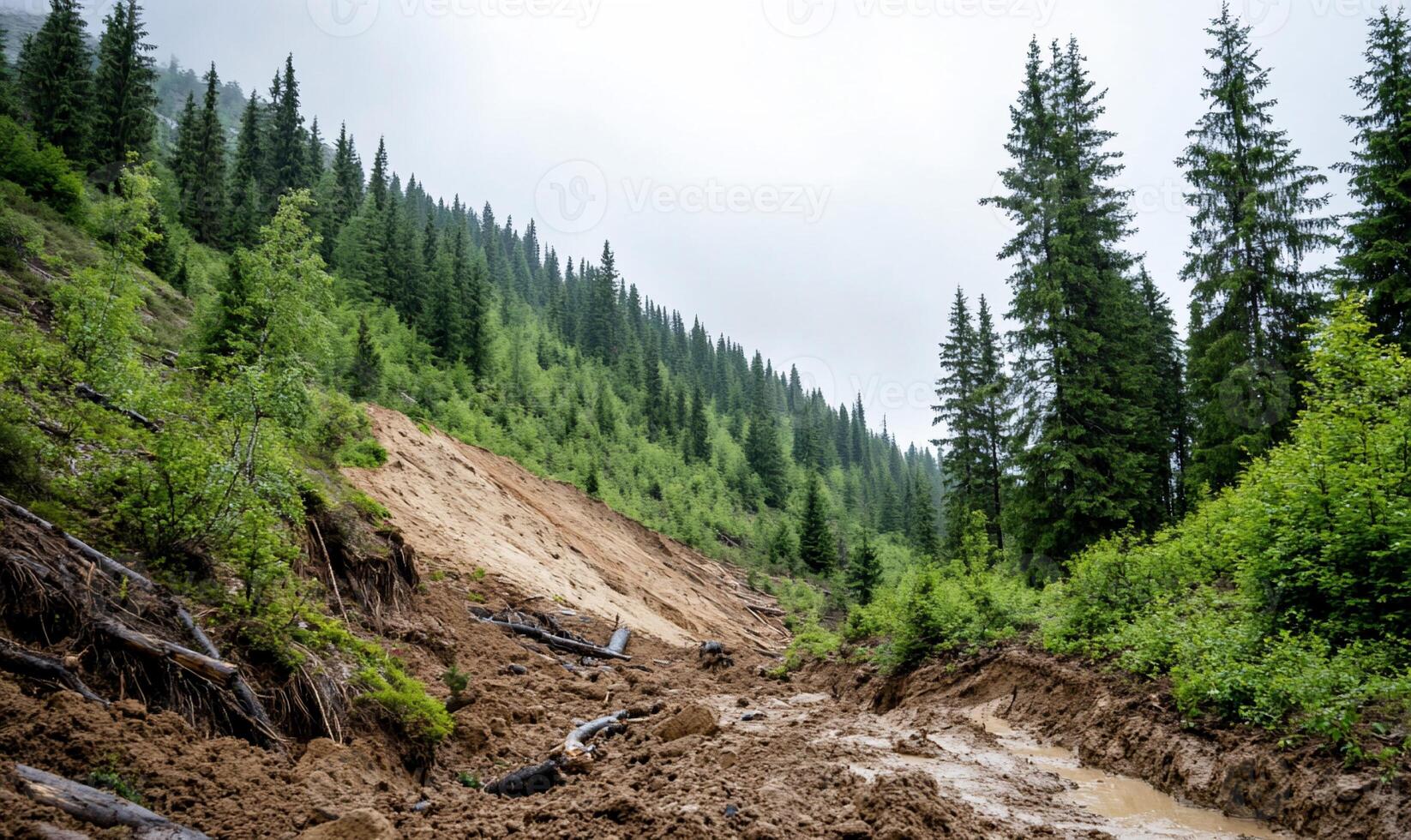 A landscape showing a muddy area after a landslide in a forested region. photo