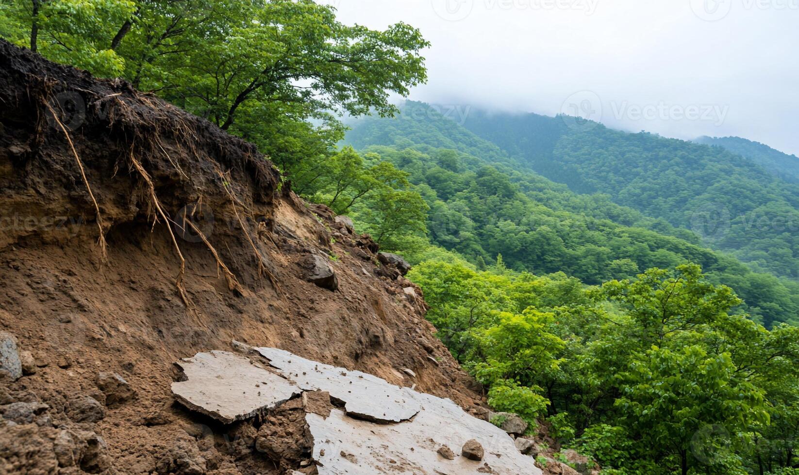 A landslide revealing soil and roots in a lush mountainous area. photo
