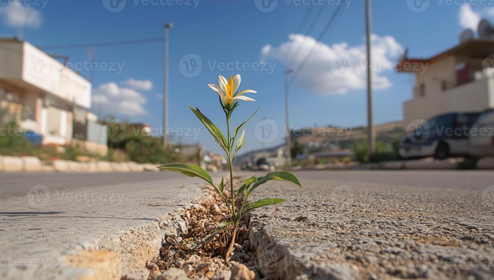 A flower grows through a crack in the pavement, symbolizing resilience. photo