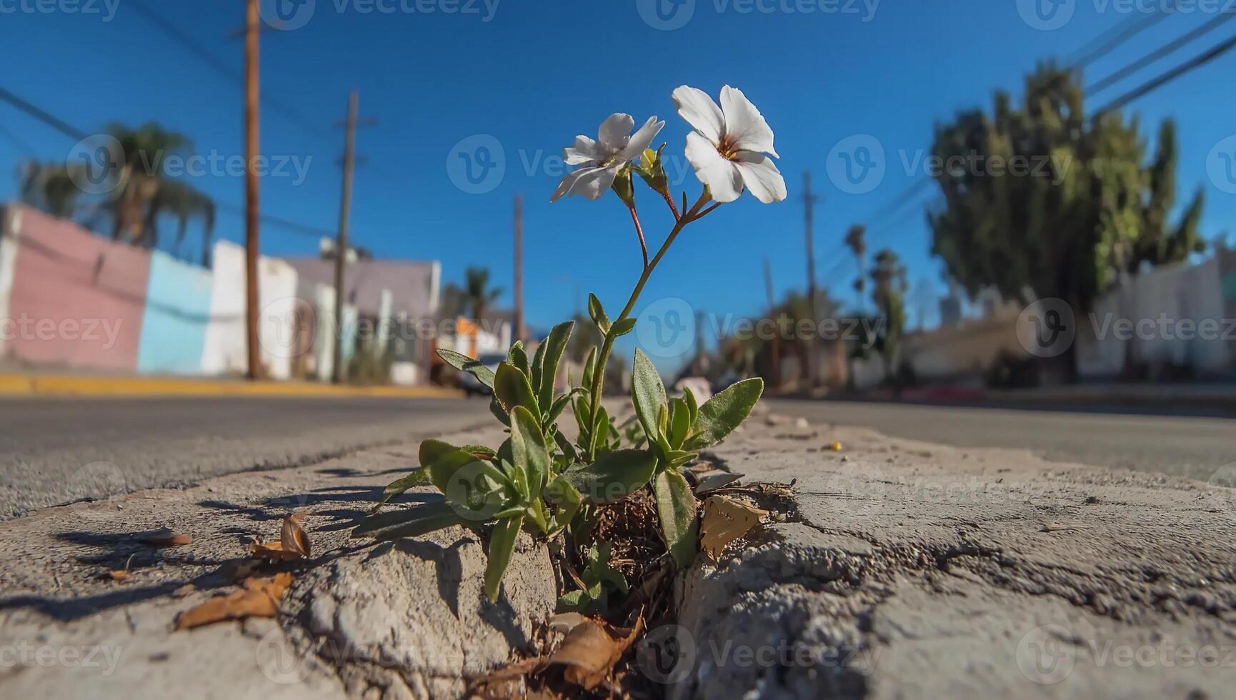 A resilient flower growing through a crack in the pavement under a clear sky. photo