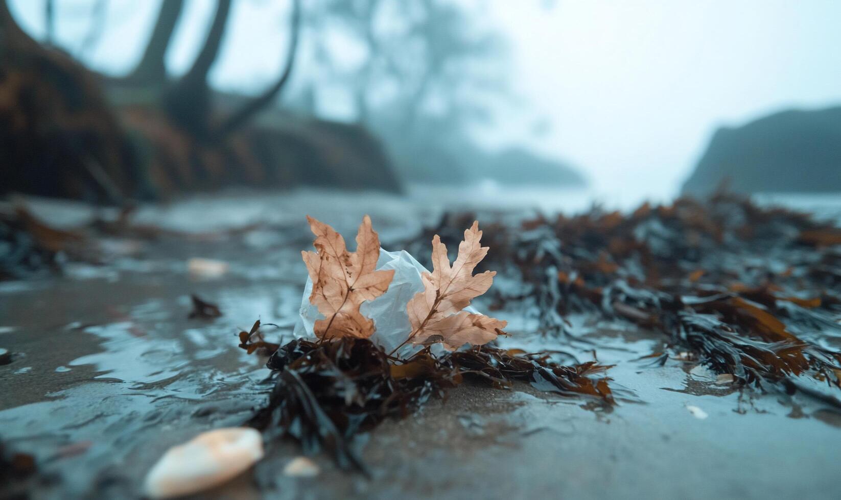 A leaf and shell on the beach in foggy weather photo