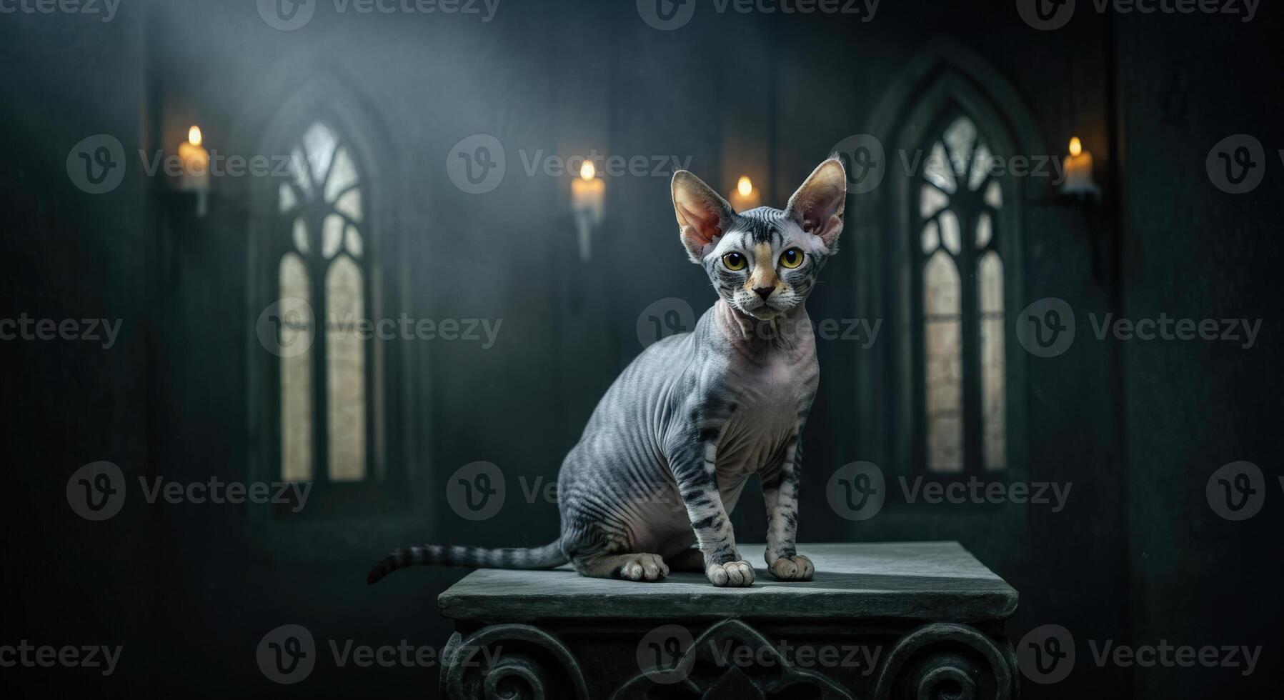 Sphynx cat in gothic setting with candlelight and arched windows for mysterious atmosphere photo