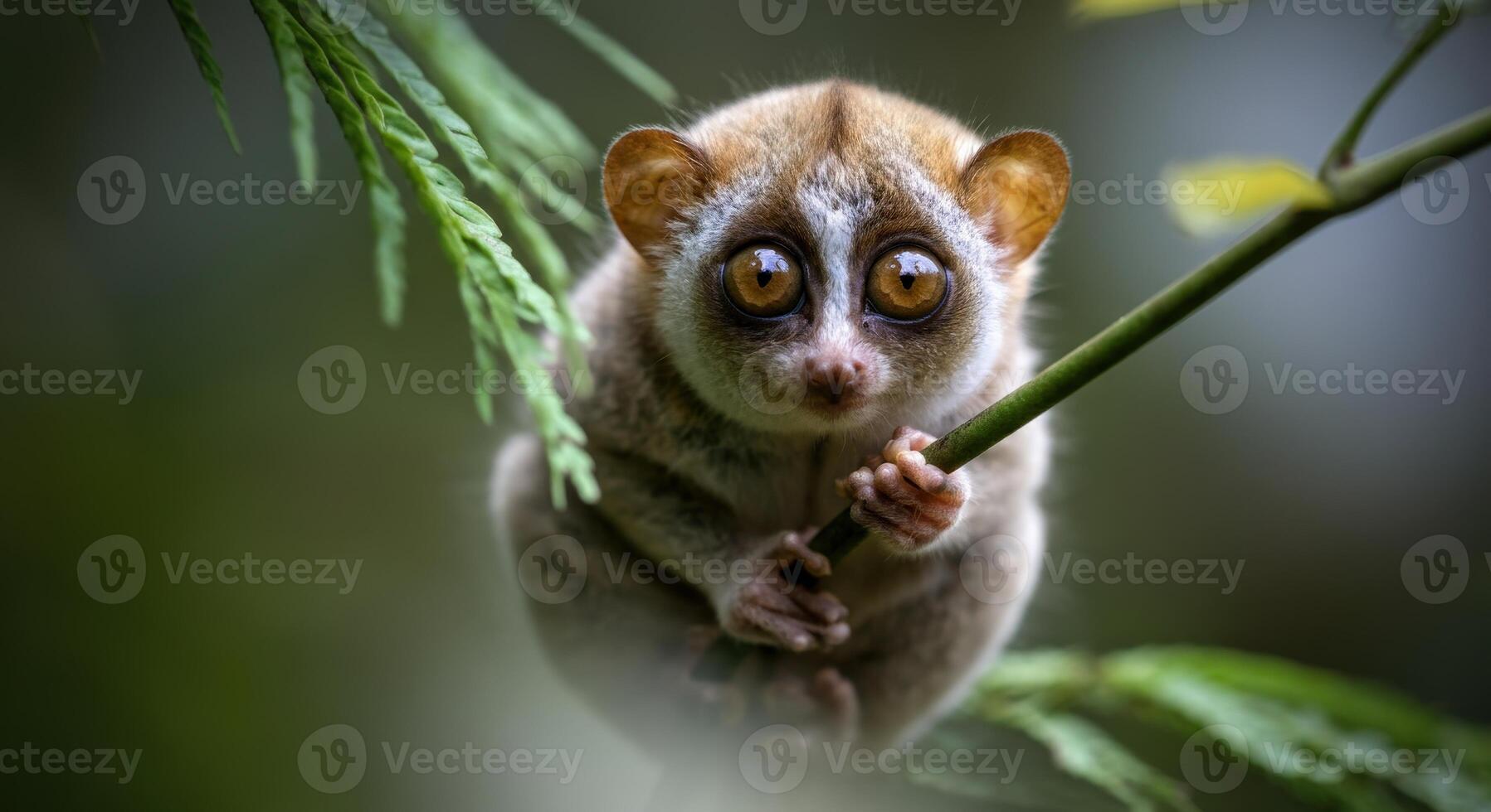 Curious tarsier in vibrant rainforest habitat with lush green foliage photo
