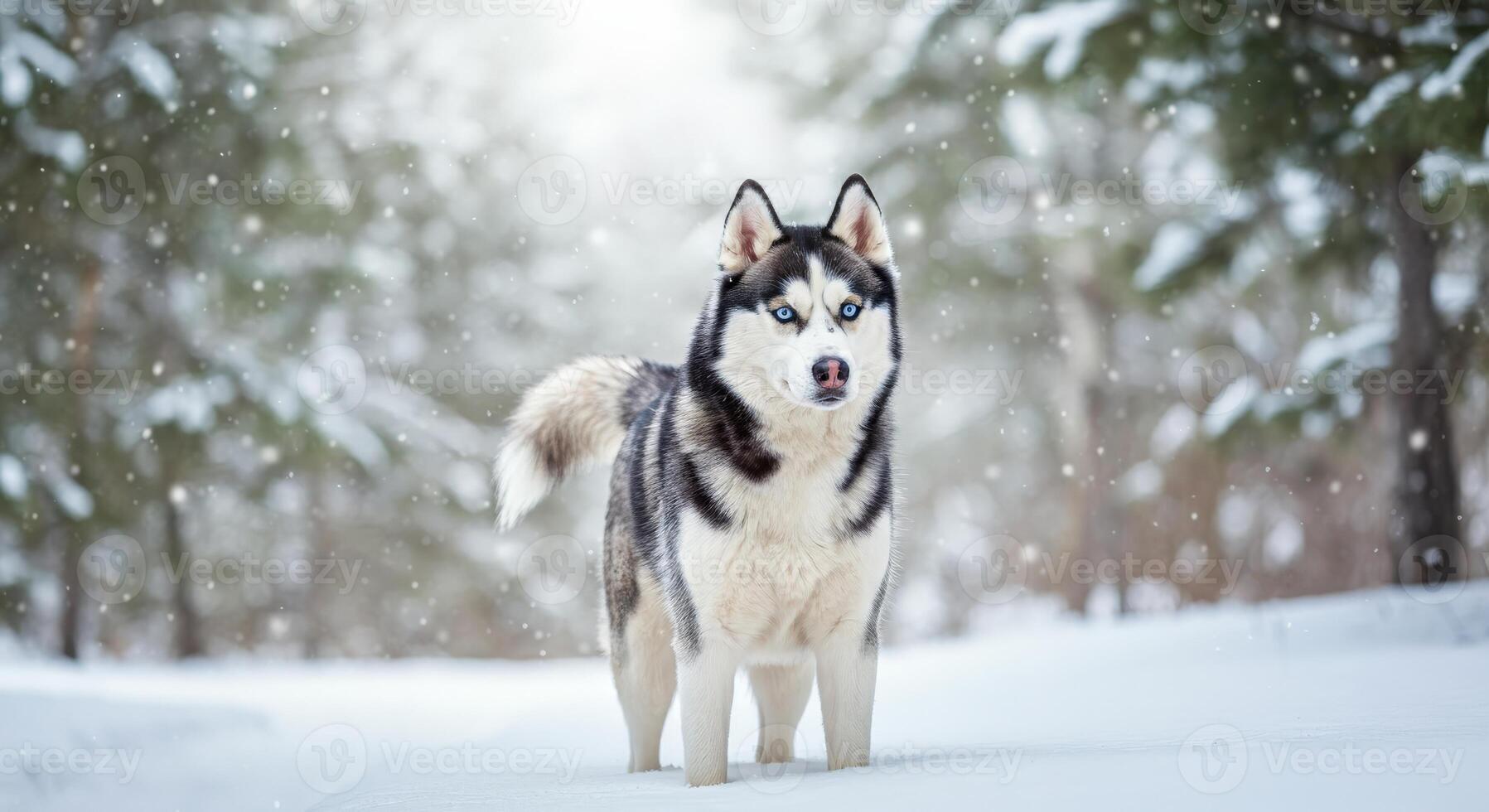 Siberian husky standing in winter snowfall in pine forest tranquility photo