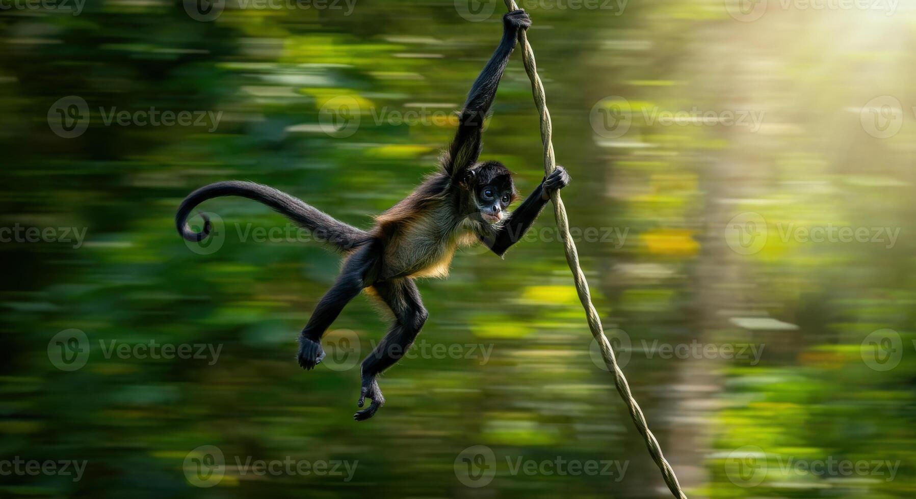 Spider monkey swinging through sunlit jungle canopy in motion capture photo