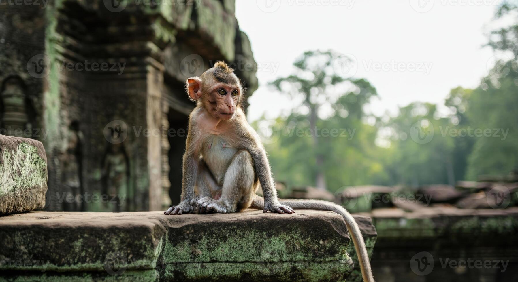 Curious monkey in ancient temple setting captures the essence of nature and history photo