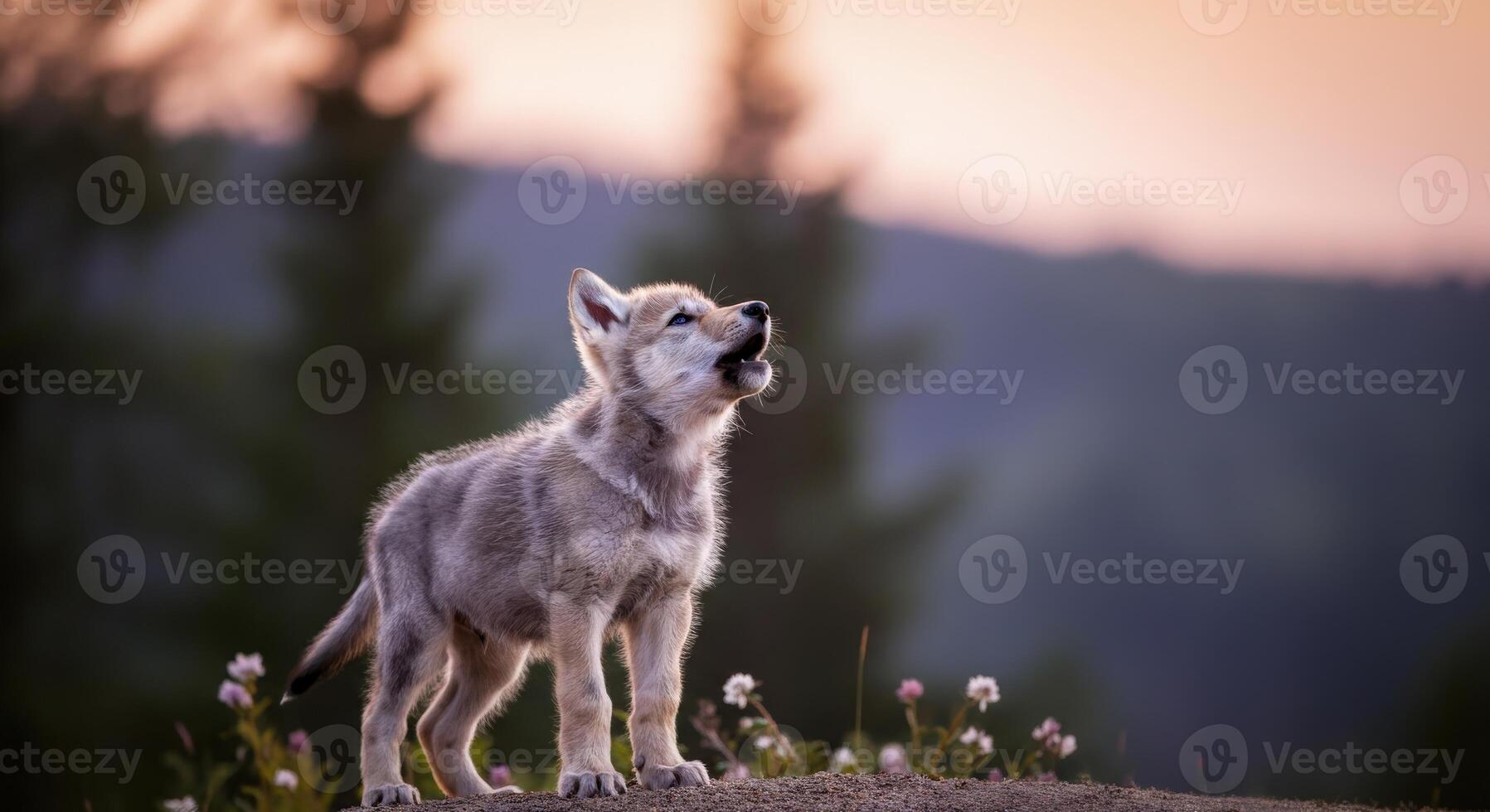 Wolf pup howling at dusk in a serene forest setting photo