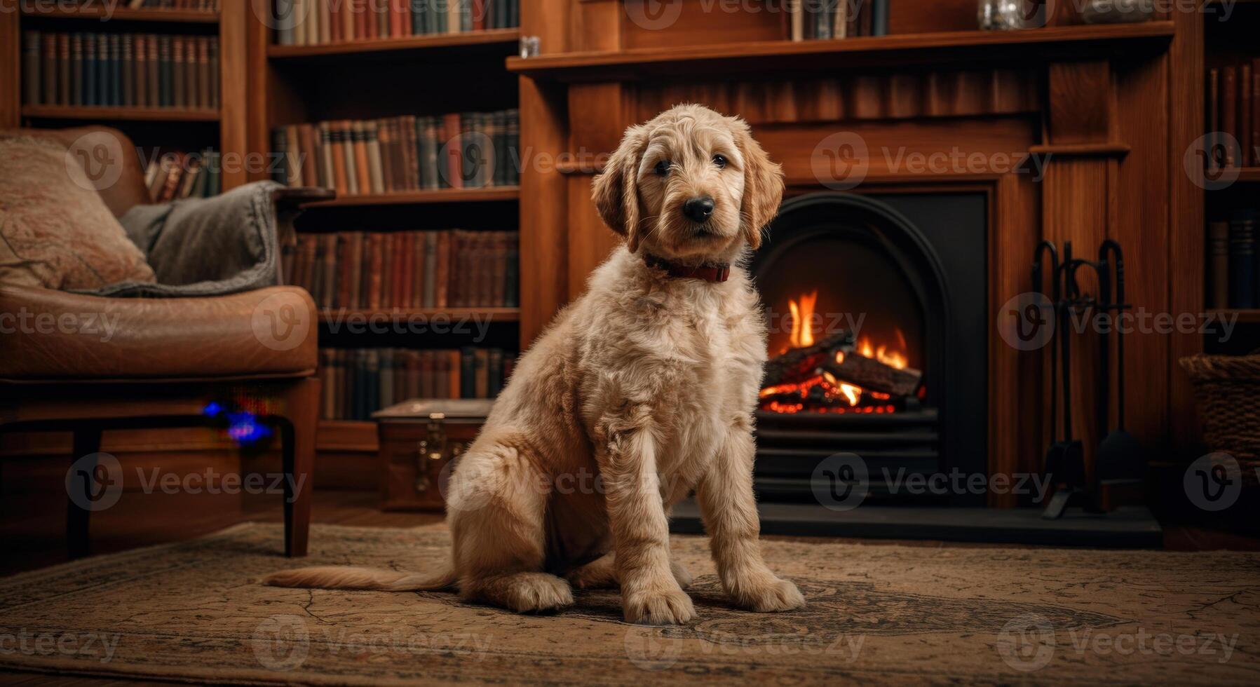 Cozy evening with a golden doodle puppy in a traditional library setting by the fireplace photo